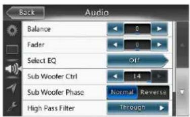 Back Audio Balance Fader Select EQ Off Sub Woofer Ctrl 14 Sub Woofer Phase Normal Reverse High Pass Filter Through