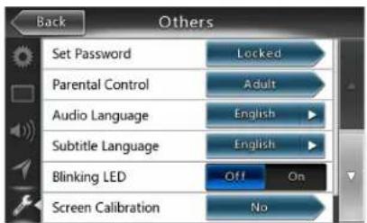Back Others Set Password Locked Parental Control Adult Audio Language English Subtitle Language English Blinking LED Off On Screen Calibration No