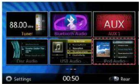 88.00 MHz Tuner Bluetooth Audio AUX AUX 1 Disc Audio USB Audio... iPod Audio... Settings 00:50 Rear