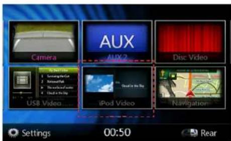 CAMERA AUX AUX 2 Disc Video USB Video iPod Video Navigation Settings 00:50 Rear