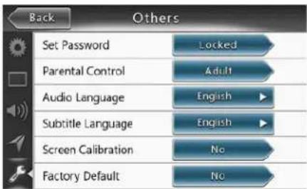 Back Others Set Password Locked Parental Control Adult Audio Language English ▶ Subtitle Language English ▶ Screen Calibration No Factory Default No