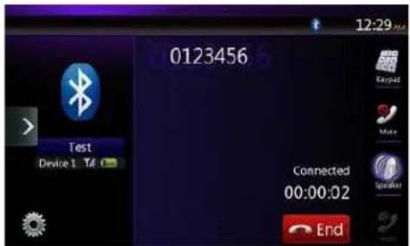 0123456 Test Device 1. Tel Connected 00:00:02 End