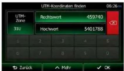 UTM-Koordinaten finden 06:26 UTM-Zone Rechtswert 459740 31U Hochwert 5401788 1 2 3 4 5 6 7 8 9 0 Zurück Mehr OK