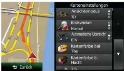 Karteneinstellungen Ansichtsmodus 3D Blickwinkel Normal Automatische Übersicht EIN Kartenfarbe bei Tag Kartenfarbe b. Nacht Zurück