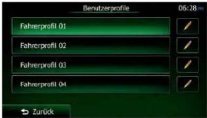 Benutzerprofile 06:28 mm Fahrerprofil 01 Fahrerprofil 02 Fahrerprofil 03 Fahrerprofil 04 Zurück