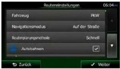 Routeneinstellungen 06:04 Fahrzeug PKW Navigationsmodus Auf der Straße Routenplanungsmethode Schnell Autobahnen Zurück Weiter