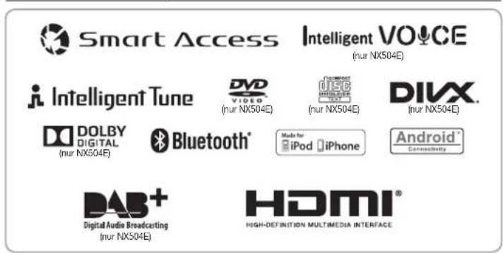 Smart Access Intelligent VOICE (nur NX504E) Intelligent Tune DVD VIDEO (nur NX504E) DISC (NUR NX504E) DIVX. (DOLBY DIGITAL (nur NX504E) Bluetooth® Made for iPod iPhone Android® Connectivity DAB+ Digital Audio Broadcasting (nur NX504E) HDMI® HIGH-DEFINITION MULTIMEDIA INTERFACE