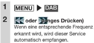 1 MENU ▶ DAB 2 oder hanges Drücken) Wenn eine entsprechende Frequenz erkannt wird, wird dieser Service automatisch empfangen.