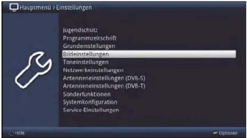 Hauptmenu > Einstellungen Jugendschutz Programmzeitschrift Grundeinstellungen Bildeinstellungen Toneinstellungen Netzwe:keinstellungen Antenneneinstellungen (DVB-S) Antenneneinstellungen (DVB-T) Sonderfunktionen Systemkonfiguration Service-Einstellungen
