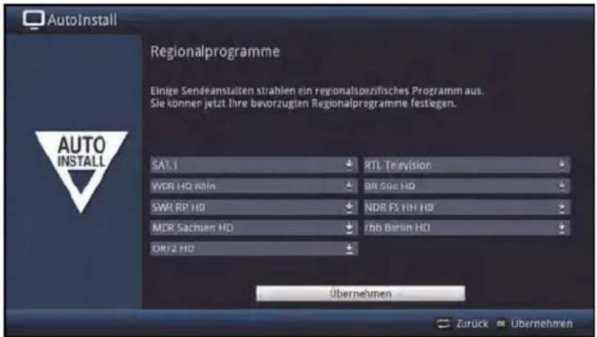 AutoInstall Regionalprogramme Einige Sendeanstalten strahlen ein regionalspezifisches Programm aus. Sie können jetzt Ihre bevorzugten Regionalprogramme festegen. SAT.1 WDR HD Köln SWR RP HD MDR Sachuen HD DR/2 HD RTL Television BR Süd HD NDR FS HH HD Jbb Berlin HD Übernehmen Zurück Übernehmen