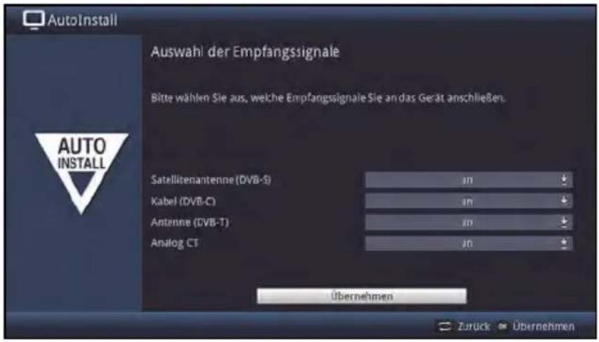 AutoInstall Auswahl der Empfangssignale Bitte wählen Sie aus, welche Empfangssignale Sie an das Gerät anschließen. Satellitenantenne (DVB-S) Kabel (DVB-C) Antenne (CVB-T) Analog CT Übernehmen Zurück Übernehmen