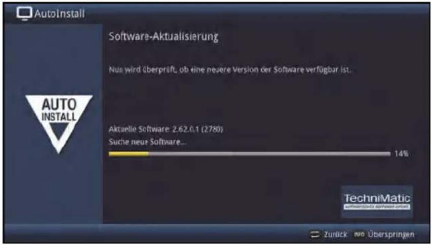AutoInstall Software-Aktualisierung Nus wird überprüft, ob eine neuere Version der Software verfügbar ist. AUTO INSTALL Aktuelle Software: 2.62.0.1 (2780) Suche neue Software... 14% TechniMatic Software-Techniket Software-EPSO Zurück we Überspringen