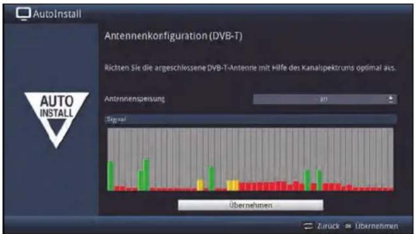 AutoInstall Antennenkonfiguration (DVB-T) Richten Sie die argeschlüssene DVB-T-Antenne mit Hilfe des Kanalspektrums optimal aus. Antennenspeisung in Signal Übernehmen Zurück Übernehmen