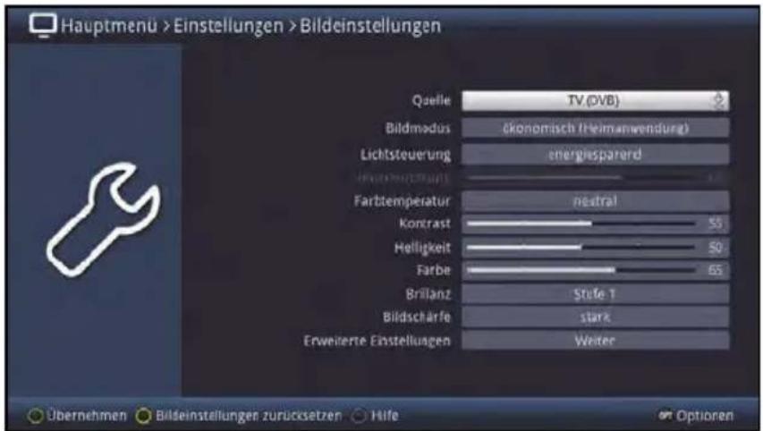 Hauptmenu > Einstellungen > Bildeinstellungen Quelle TV.(DVB) Bildmodus ökonomisch (Heimanwendung) Lichtsteuerung energiesparerd Farbtemperatur neutral Kontrast 55 Helligkeit 50 Farbe 65 Brillanz Stufe 1 Bildschärfe stark Erweiterte Einstellungen Weiter Übernehmen Bildeinstellungen zurücksetzen Hife Optionen