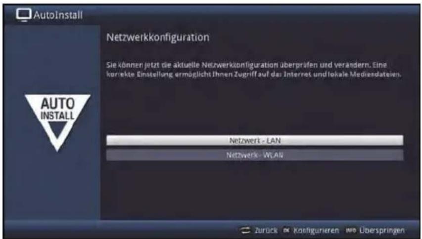 AutoInstall Netzwerkkonfiguration Sie können jetzt die aktuelle Netzwerkkonfiguration überprüfen und verändern. Eine korrechte Einstellung ermöglicht Ihnen Zugriff auf das Internet und lokale Mediendateien. AUTO INSTALL Netzwerk - LAN Netzwerk - WLAN Zurück • Konfigurieren • Überspringen