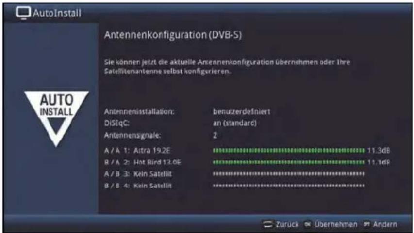 AutoInstall Antennenkonfiguration (DVB-S) Sie können jetzt die aktuelle Antennenkonfiguration übernehmen oder ihre Satellitenantenne selbst konfigurieren. Antenneninstallation: benutzerdefiniert DiStqC: an (standard) Antennensignale: 2 A / A 1: Astra 19.2E 11.3dB B / A 2: Hot Bird 12.0E 11.1dB A / B 3: Kein Satellit B / B 4: Kein Satellit