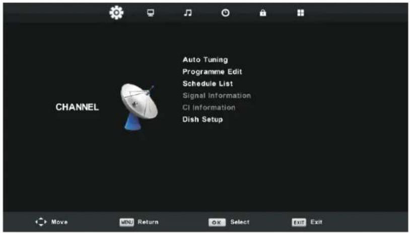 Auto Tuning Programme Edit Schedule List Signal information CI Information Dish Setup CHANNEL Move MENU Return OK Select EXIT Exit