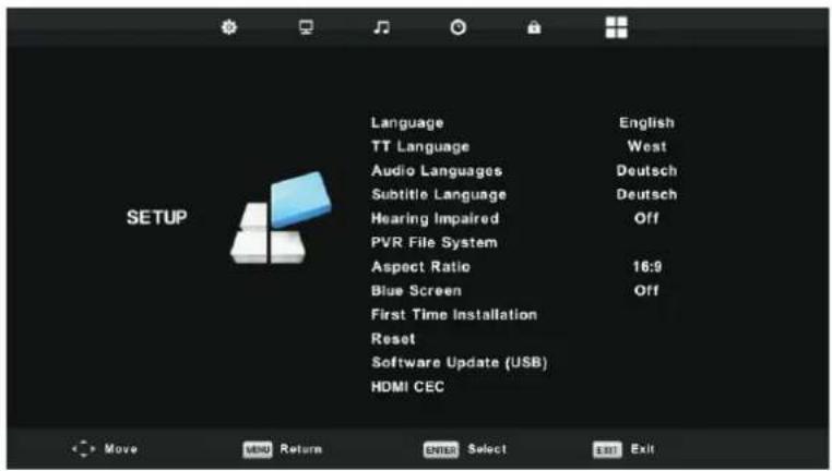 Language TT Language Audio Languages Subtitle Language Hearing Impaired PVR File System Aspect Ratio Blue Screen First Time Installation Reset Software Update (USB) HDMI CEC English West Deutsch Deutsch Off 16:9 Off Move MENU Return ENTER Select EXIT Exit