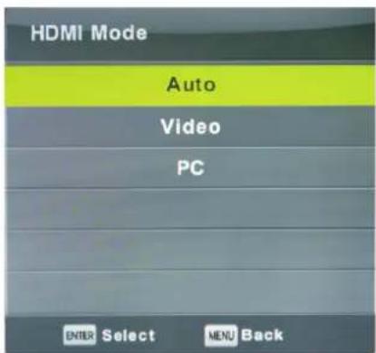 HDMI Mode Auto Video PC ENTER Select MENU Back