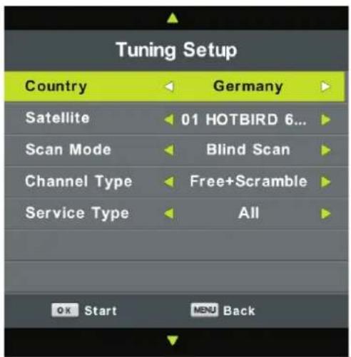 Tuning Setup Country Germany Satellite 01 HOTBIRD 6... Scan Mode Blind Scan Channel Type Free+Scramble Service Type All OK Start MENU Back