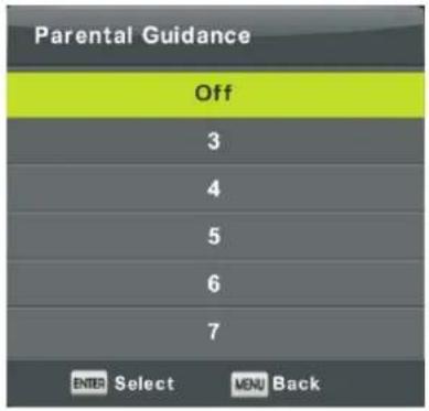 Parental Guidance Off 3 4 5 6 7 ENTER Select MENU Back