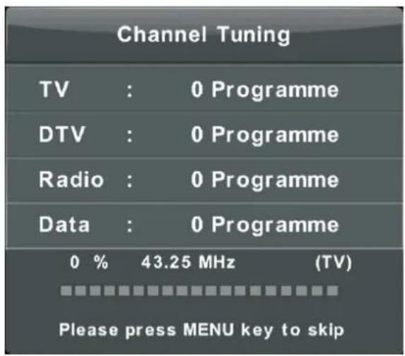 Channel Tuning TV : 0 Programme DTV : 0 Programme Radio : 0 Programme Data : 0 Programme 0 % 43.25 MHz (TV) Please press MENU key to skip