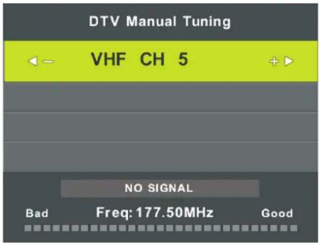 DTV Manual Tuning VHF CH 5 NO SIGNAL Bad Freq: 177.50MHz Good
