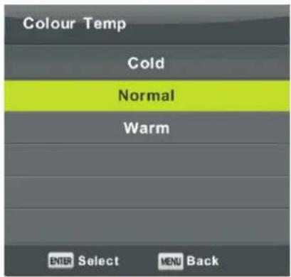 Colour Temp Cold Normal Warm ENTER Select MENU Back