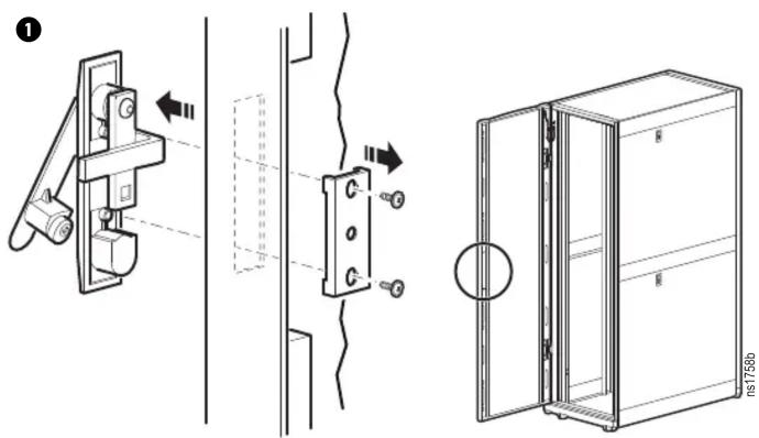 Technical diagram showing mechanical assembly and door opening with labeled components and directional arrows