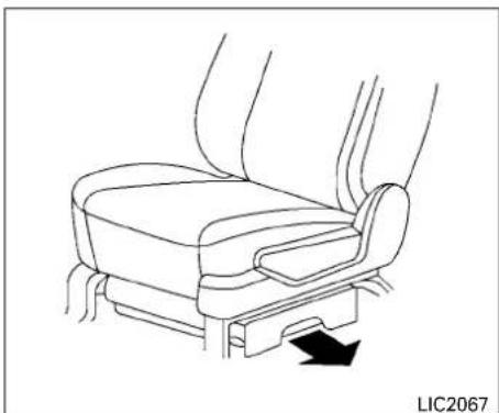 Line drawing of a car seat assembly with a directional arrow indicating motion (no text or symbols)