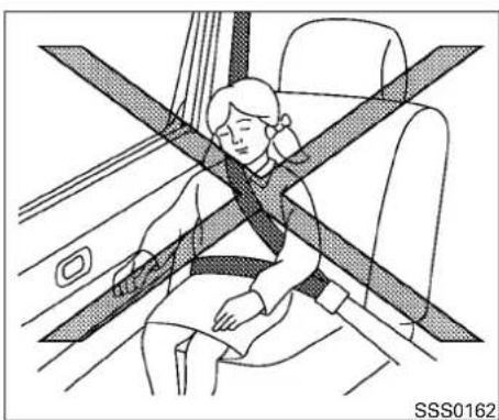 Illustration of a person sitting in a car seat with a cross-shaped band crossing the seat (no text or symbols)