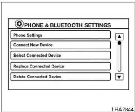 PHONE & BLUETOOTH SETTINGS Phone Settings Connect New Device Select Connected Device Replace Connected Device Delete Connected Device LHA2844