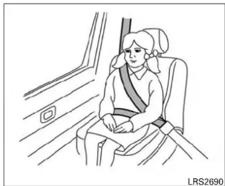 Line drawing of a person sitting in a car seat, wearing a seatbelt and headband (no text or symbols)