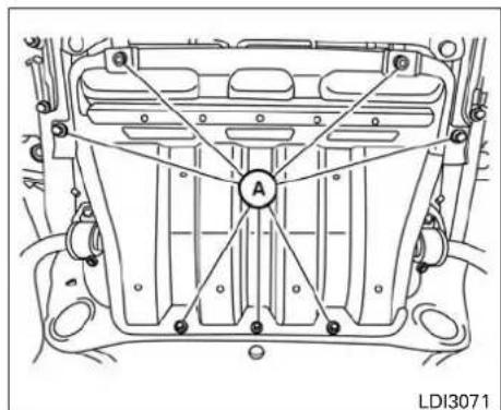 Technical line drawing of a vehicle engine compartment with labeled components (no text or symbols beyond labels)