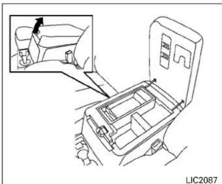 Line drawing of a car interior compartment with an inset showing a hand holding the seat (no text or symbols)