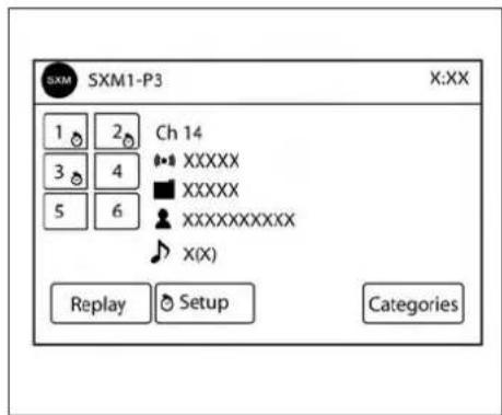 SXM SXM1-P3 X:XX 1 2 Ch 14 3 4 XXXXX 5 6 XXXXXX XXXXXXXXXXXX X(X) Replay Setup Categories