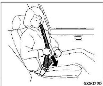 Illustration of a person seated in a car seatbelt, showing the seatbelt being lifted (no text or symbols present)