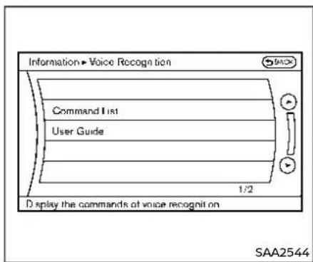 Information > Voice Recognition Command List User Guide 1/2 D splay the commands at voice recognit on SAA2544