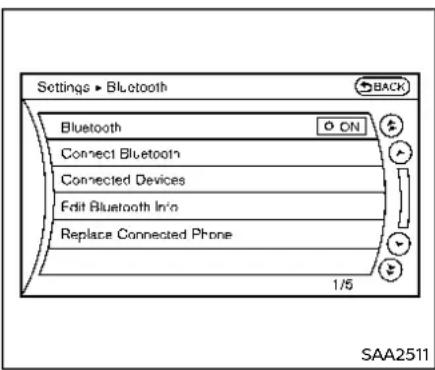 Settings • Bluetooth Bluetooth Connect Bluetooth Connected Devices Edit Bluetooth Info Replace Connected Phone 1/5 SAA2511
