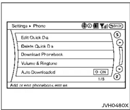 Settings ▶ Phone Edit Quick Dia Delete Quick Dia Download Phonebook Volume & Ringtone Auto Downloaded 1/5 Add or exit phonebook entries JVH0480X