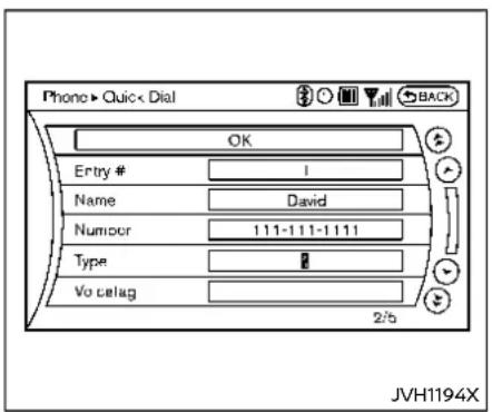 Phone ▶ Quick ▶ Dial OK Entry # 1 Name David Numero 111-111-1111 Type # Vo celag 2/6 JVH1194X