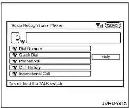 Voice Recognit on ▶ Phone BACK Dial Number Quick Dial Phonebook Call History International Call To exit, hold the TALK switch Help JVH0481X