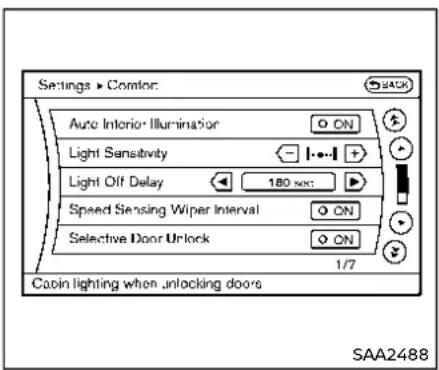 Settings ▶ Comlor: Auto Interior Illumination Light Sensitivity Light Off Delay 180 sec Speed Sensing Wiper Interval Selective Door Unlock 1/7 Capin lighting when unlocking doors SAA2488