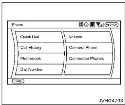 graph TD A["Quick Dial"] --> B["Call History"] B --> C["Phonebook"] C --> D["Dial Number"] E["Volume"] --> F["Connect Phone"] F --> G["Connected Phones"] H["Help"] --> I["JVH0479X"]