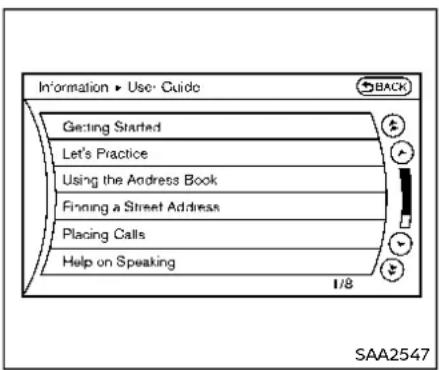 Information ▶ Use ▶ Guide Getting Started Let's Practice Using the Address Book Finning a Street Address Placing Calls Help on Speaking 1/8 SAA2547