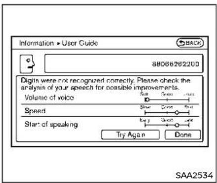 Information ▶ User Guide 88066262200 Digits were not recognized correctly. Please check the analysis of your speech for possible improvements. Volume of voice Speed Start of speaking Try Again Done SAA2534