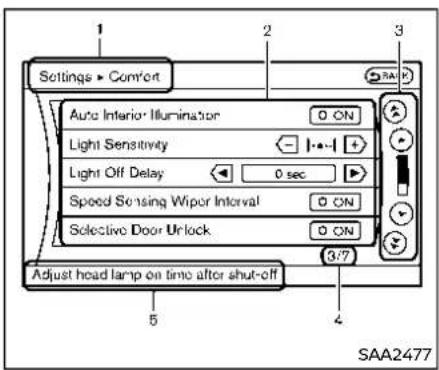 Settings > Comfort Auto Interior Illumination Light Sensitivity Light Off Delay 0 sec Speed Sensing Wiper Interval Selective Door Unlock Adjust head lamp on time after shut-off 5 4 SAA2477