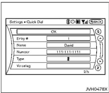 Settings ▶ Quick Dial OK Entry # I Name David Numocr 111-111-1111 Type Vo celag 2/5 JVH0478X