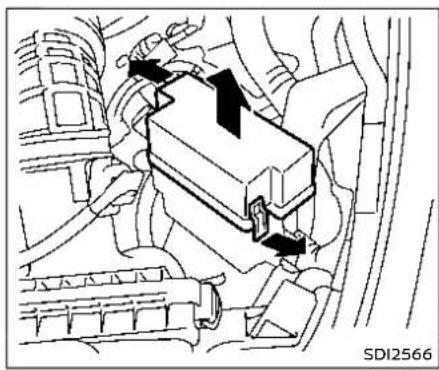 Technical diagram of a vehicle engine compartment with directional arrows indicating movement or flow (no text labels)