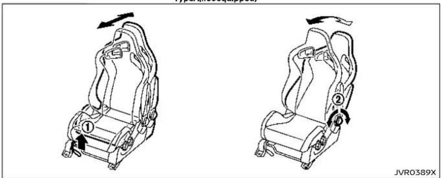 Two technical line drawings of a car seat assembly, showing left and right motion with arrows indicating rotation (no text or symbols)